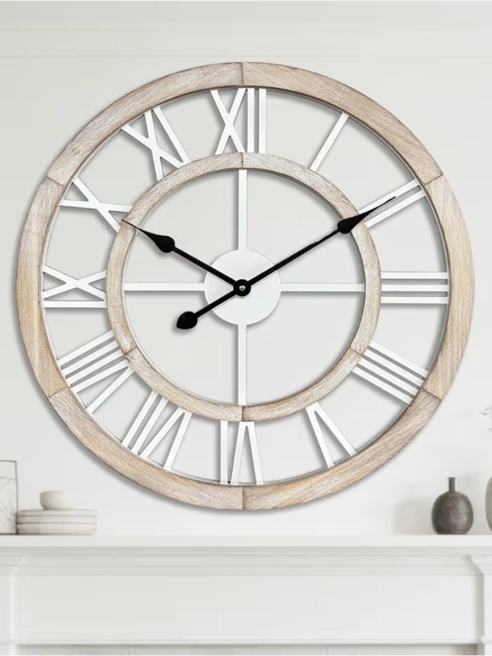 24”Large Rustic Wooden Wall Clock Silent Non-Ticking Farmhouse Decor Light Ivory
